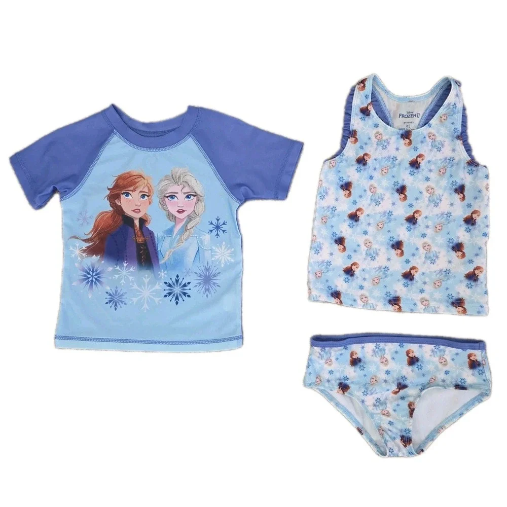 Frozen Swimsuit 3 Piece Set Girl's XS 4 5 Rash Guard Tankini Elsa Anna Disney
